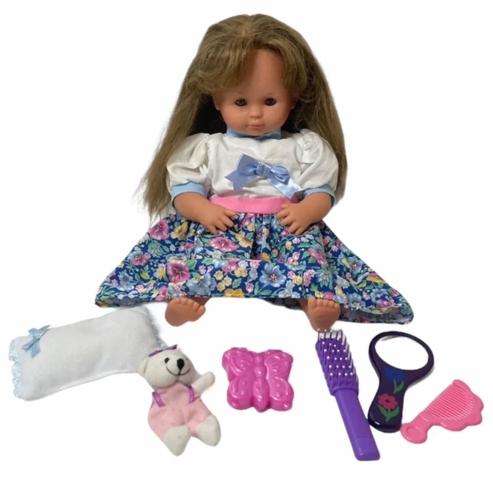 Vintage Doll Set Doll Accessories Case Doll Bundle Blue Pink White Floral Dress